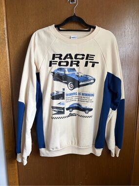 Race For It Graphic Crewneck Sweater - Cream and Navy Accent